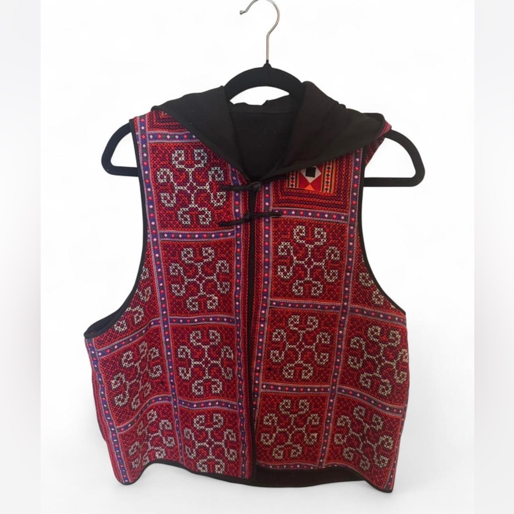 Vintage Cross Stitch Embroidered Hoodie Vest